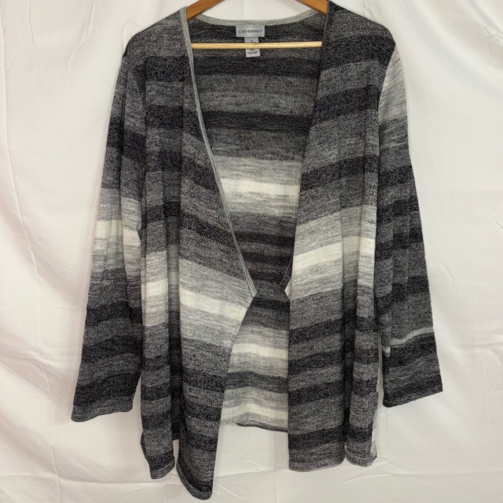 Catherines Gray, White & Black Tonal Stripe Open Front Cardigan Sweater 1X/18/20